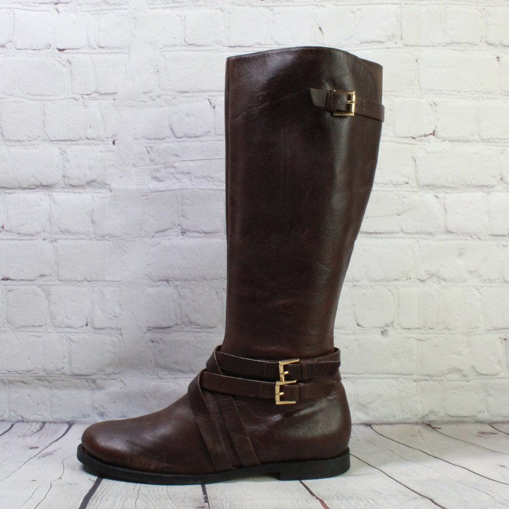 Cole Haan Brown Leather Side Zip Buckled Knee High Boots Size 9.5 B - Picture 1 of 12